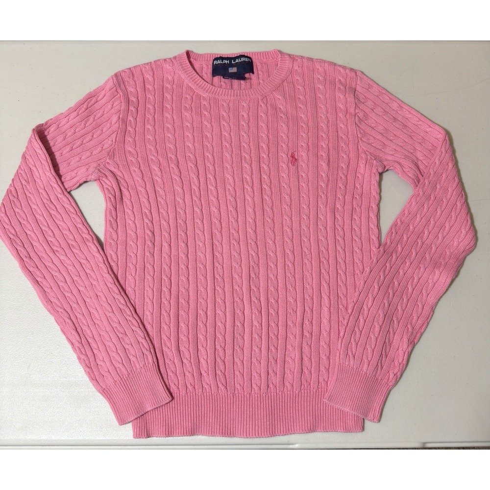 Vintage 80s/90s Ralph Lauren Polo Sport Pink Cable Knit Sweater Size Small